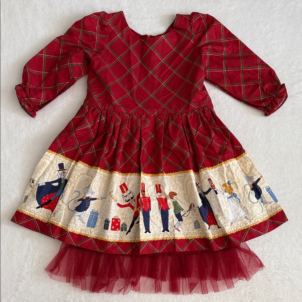 Holiday Christmas Nutcracker Print Windowpane Plaid Dress Added Tulle Bottom Red